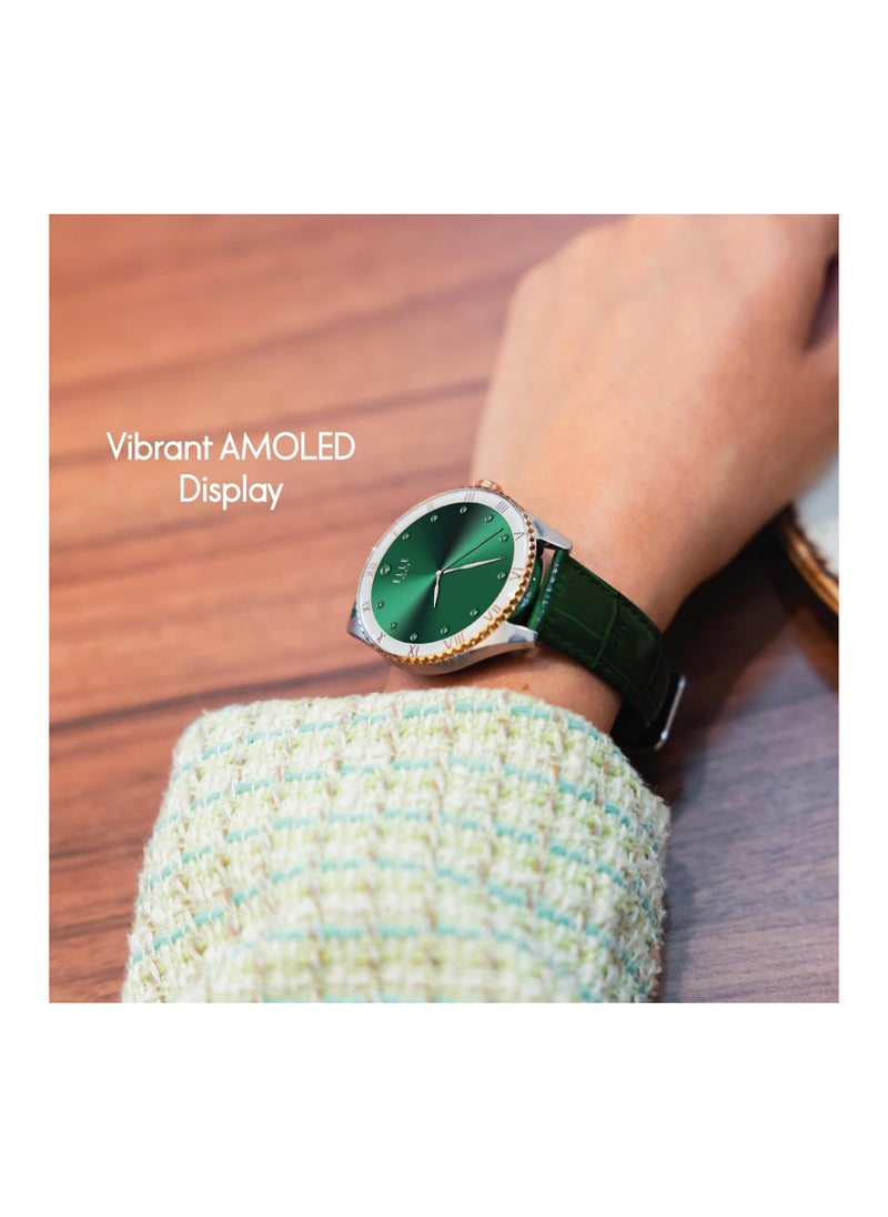ELLE Elle Soleil Women’s Smartwatch 1.19'' AMOLED, Bluetooth Calling, Multilingual, Wireless Charging, Fitness Tracking, IP68, iOS/Android Compatible, Silver Frame & Green Leather Starp + 2 Premium Straps  - Image 4