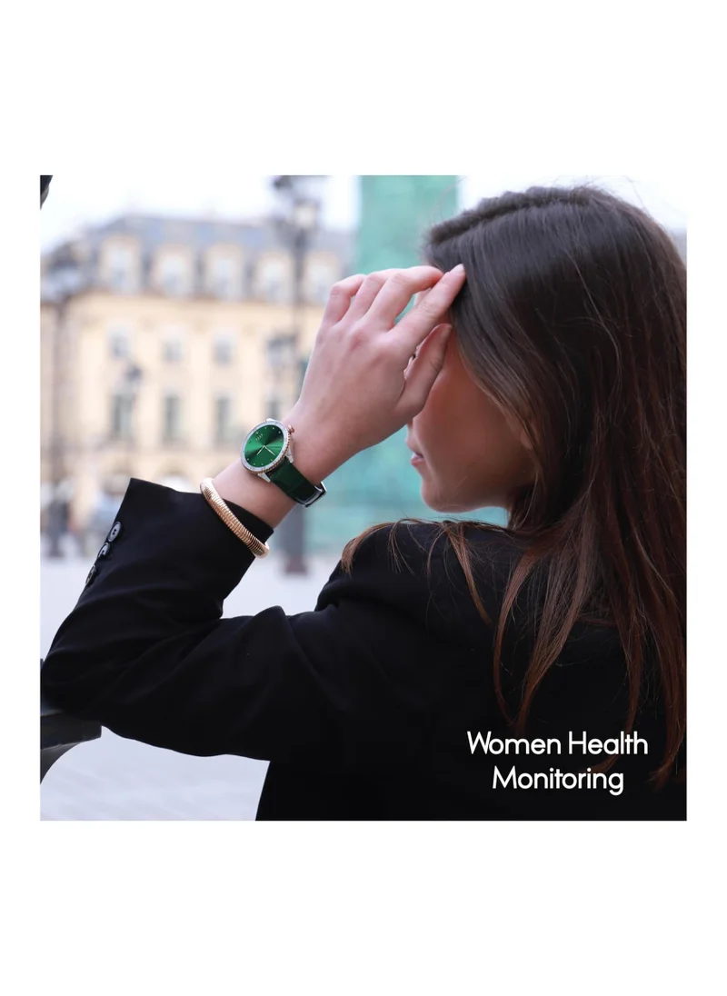 ELLE Elle Soleil Women’s Smartwatch 1.19'' AMOLED, Bluetooth Calling, Multilingual, Wireless Charging, Fitness Tracking, IP68, iOS/Android Compatible, Silver Frame & Green Leather Starp + 2 Premium Straps