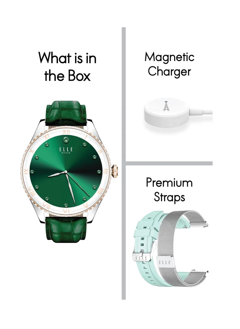 ELLE Elle Soleil Women’s Smartwatch 1.19'' AMOLED, Bluetooth Calling, Multilingual, Wireless Charging, Fitness Tracking, IP68, iOS/Android Compatible, Silver Frame & Green Leather Starp + 2 Premium Straps