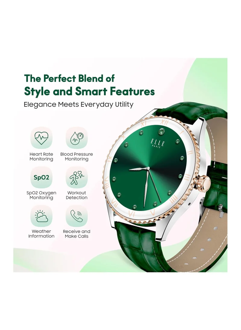 ELLE Elle Soleil Women’s Smartwatch 1.19'' AMOLED, Bluetooth Calling, Multilingual, Wireless Charging, Fitness Tracking, IP68, iOS/Android Compatible, Silver Frame & Green Leather Starp + 2 Premium Straps