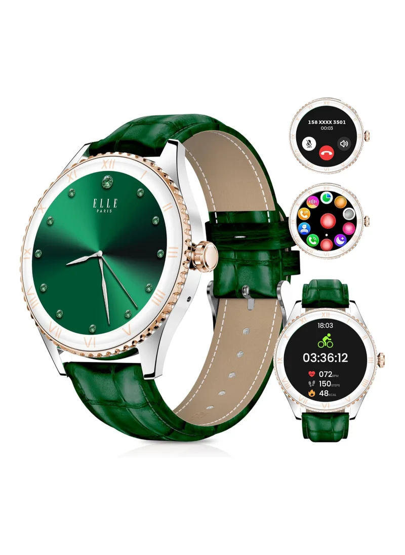 ELLE Elle Soleil Women’s Smartwatch 1.19'' AMOLED, Bluetooth Calling, Multilingual, Wireless Charging, Fitness Tracking, IP68, iOS/Android Compatible, Silver Frame & Green Leather Starp + 2 Premium Straps