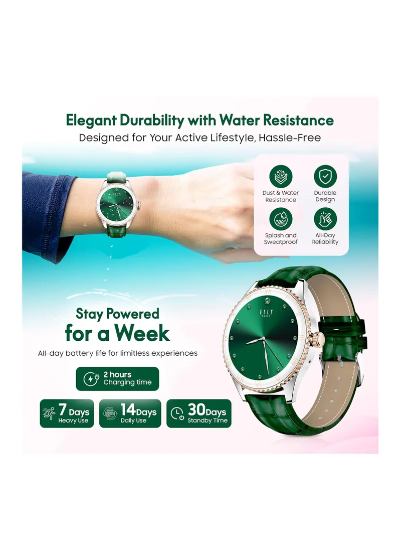ELLE Elle Soleil Women’s Smartwatch 1.19'' AMOLED, Bluetooth Calling, Multilingual, Wireless Charging, Fitness Tracking, IP68, iOS/Android Compatible, Silver Frame & Green Leather Starp + 2 Premium Straps