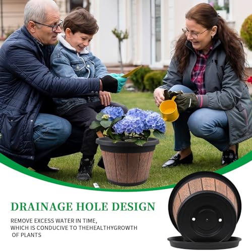 Quarut 4 Pack 12 inch Plant Pots,Whiskey Barrel Planters with Drainage Holes & Saucer,Plastic Decoration Flower Pots Retro Design,Planters for Outdoor Indoor Garden Home Plants (Brown) - Image 2