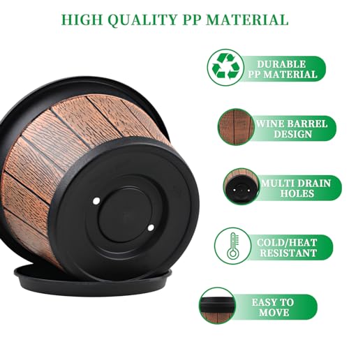Quarut 4 Pack 12 inch Plant Pots,Whiskey Barrel Planters with Drainage Holes & Saucer,Plastic Decoration Flower Pots Retro Design,Planters for Outdoor Indoor Garden Home Plants (Brown) - Image 3