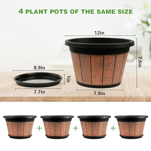 Quarut 4 Pack 12 inch Plant Pots,Whiskey Barrel Planters with Drainage Holes & Saucer,Plastic Decoration Flower Pots Retro Design,Planters for Outdoor Indoor Garden Home Plants (Brown) - Image 5