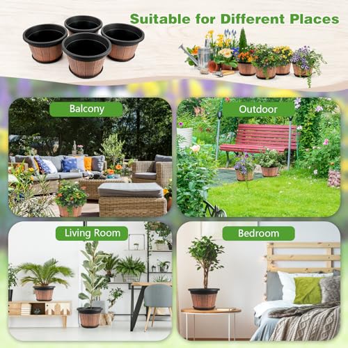 Quarut 4 Pack 12 inch Plant Pots,Whiskey Barrel Planters with Drainage Holes & Saucer,Plastic Decoration Flower Pots Retro Design,Planters for Outdoor Indoor Garden Home Plants (Brown) - Image 4