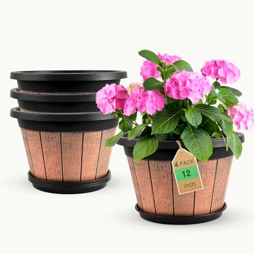 Quarut 4 Pack 12 inch Plant Pots,Whiskey Barrel Planters with Drainage Holes & Saucer,Plastic Decoration Flower Pots Retro Design,Planters for Outdoor Indoor Garden Home Plants (Brown) - Image 1