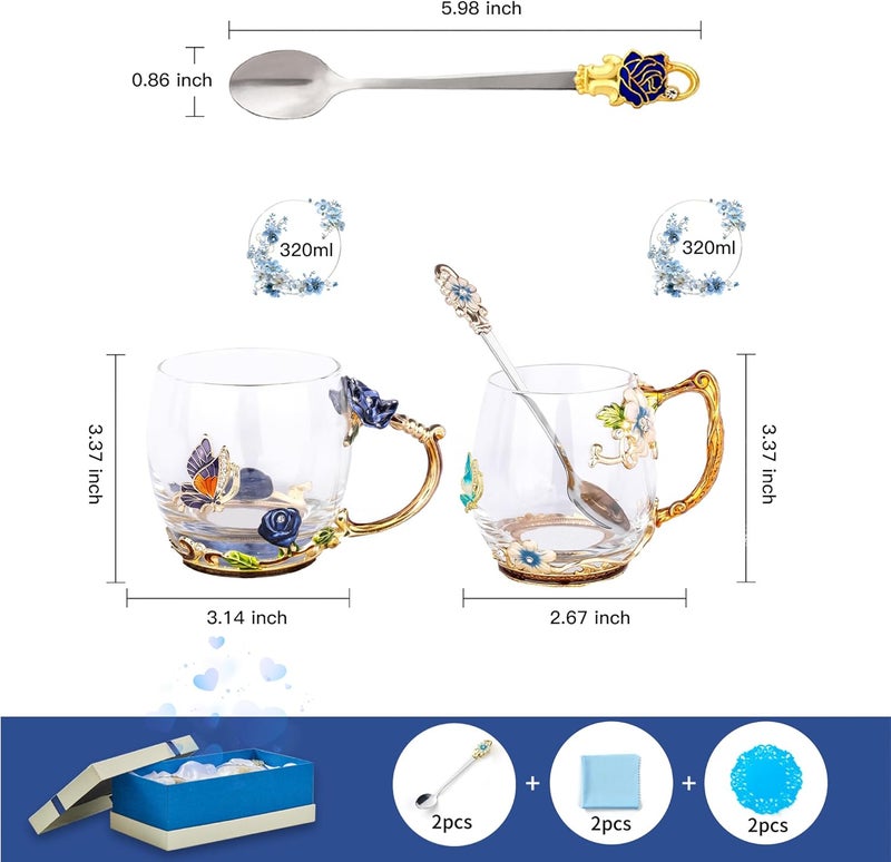 DUMVOIN Tea Cup Glass Coffee MugsFancy Tea Cup Set Birthday Christmas Valentines Day Gift Idea for Tea Lover and Women Novelty Coffee Mugs Rose Flower Enamel Cup with Spoon Blue rose  butterfly daisy cup - Image 2
