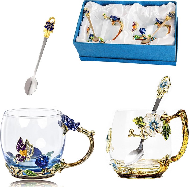 DUMVOIN Tea Cup Glass Coffee MugsFancy Tea Cup Set Birthday Christmas Valentines Day Gift Idea for Tea Lover and Women Novelty Coffee Mugs Rose Flower Enamel Cup with Spoon Blue rose  butterfly daisy cup - Image 1