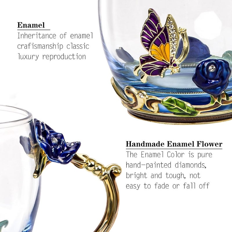 DUMVOIN Tea Cup Glass Coffee MugsFancy Tea Cup Set Birthday Christmas Valentines Day Gift Idea for Tea Lover and Women Novelty Coffee Mugs Rose Flower Enamel Cup with Spoon Blue rose  butterfly daisy cup - Image 4