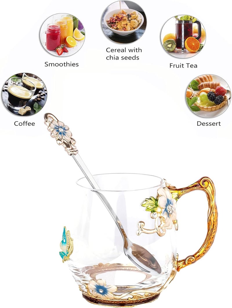 DUMVOIN Tea Cup Glass Coffee MugsFancy Tea Cup Set Birthday Christmas Valentines Day Gift Idea for Tea Lover and Women Novelty Coffee Mugs Rose Flower Enamel Cup with Spoon Blue rose  butterfly daisy cup - Image 3
