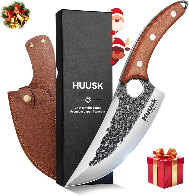 Huusk Knife Japan Kitchen Upgraded Viking Knives with Sheath, Hand Forged Butcher Knife for Meat Cutting, Japanese Cooking Chef Knives, Sharp Meat Cleaver for Outdoor Camping, BBQ, Christmas Gifts - Image 1