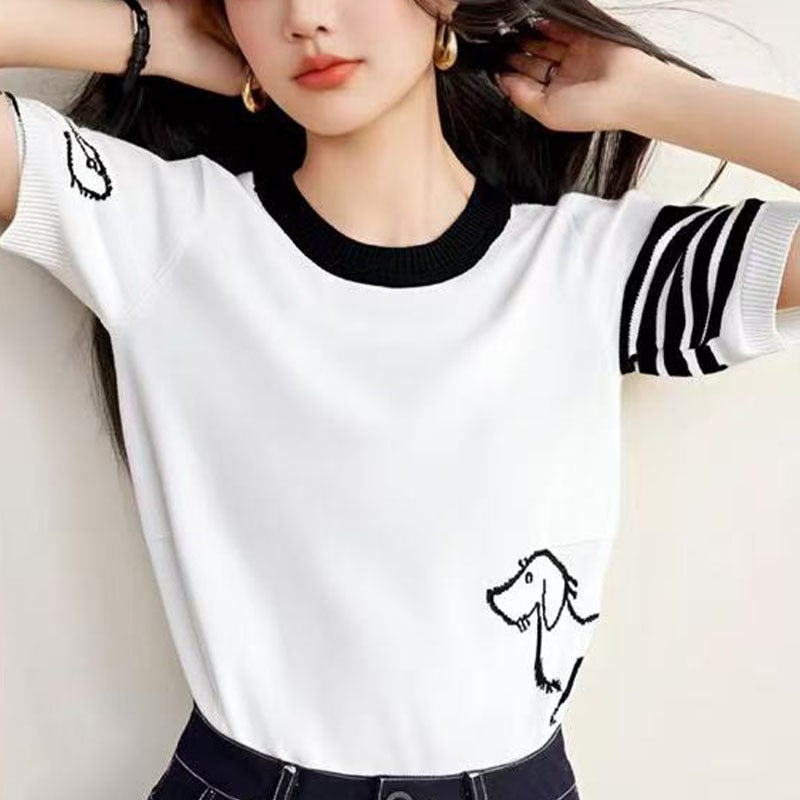 2025 Puppy Pattern Contrast Color Short-Sleeved Crewneck Pullover Ice Silk Loose All-Match Women'S Knitted Top T-Shirt - Image 5