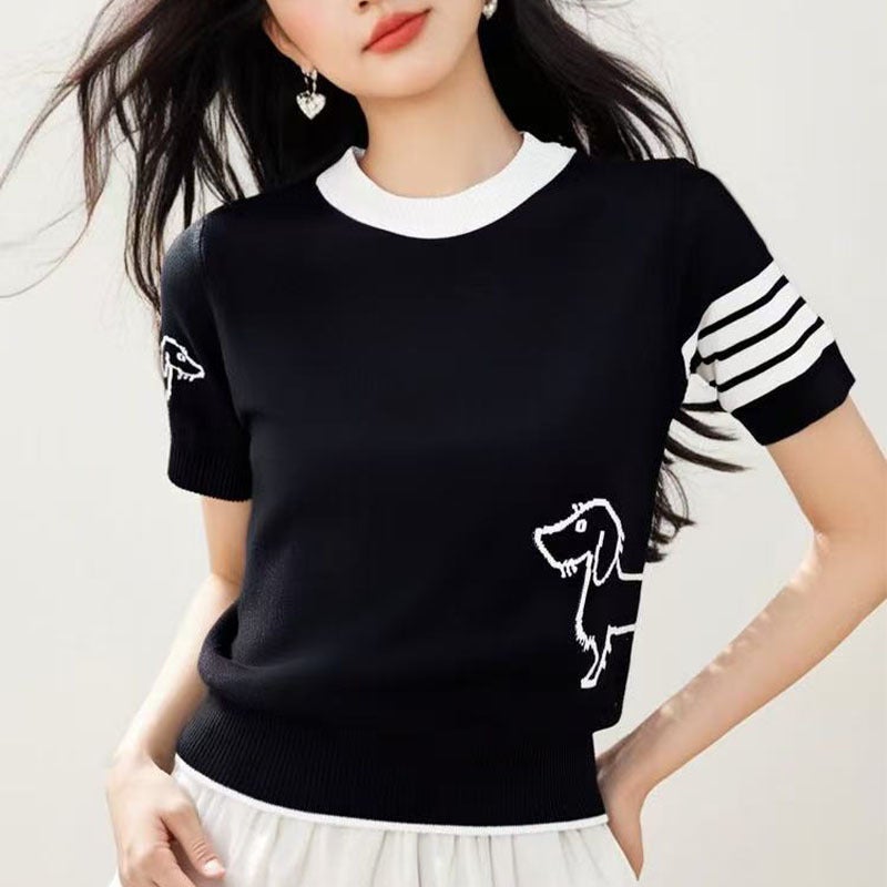 2025 Puppy Pattern Contrast Color Short-Sleeved Crewneck Pullover Ice Silk Loose All-Match Women'S Knitted Top T-Shirt - Image 3