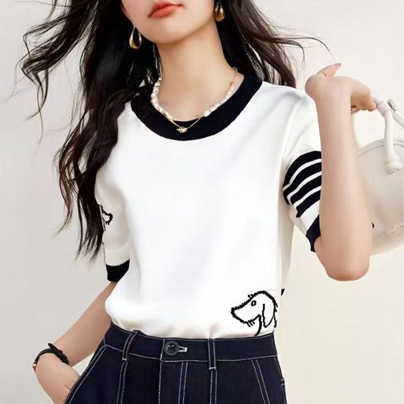 2025 Puppy Pattern Contrast Color Short-Sleeved Crewneck Pullover Ice Silk Loose All-Match Women'S Knitted Top T-Shirt - Image 2