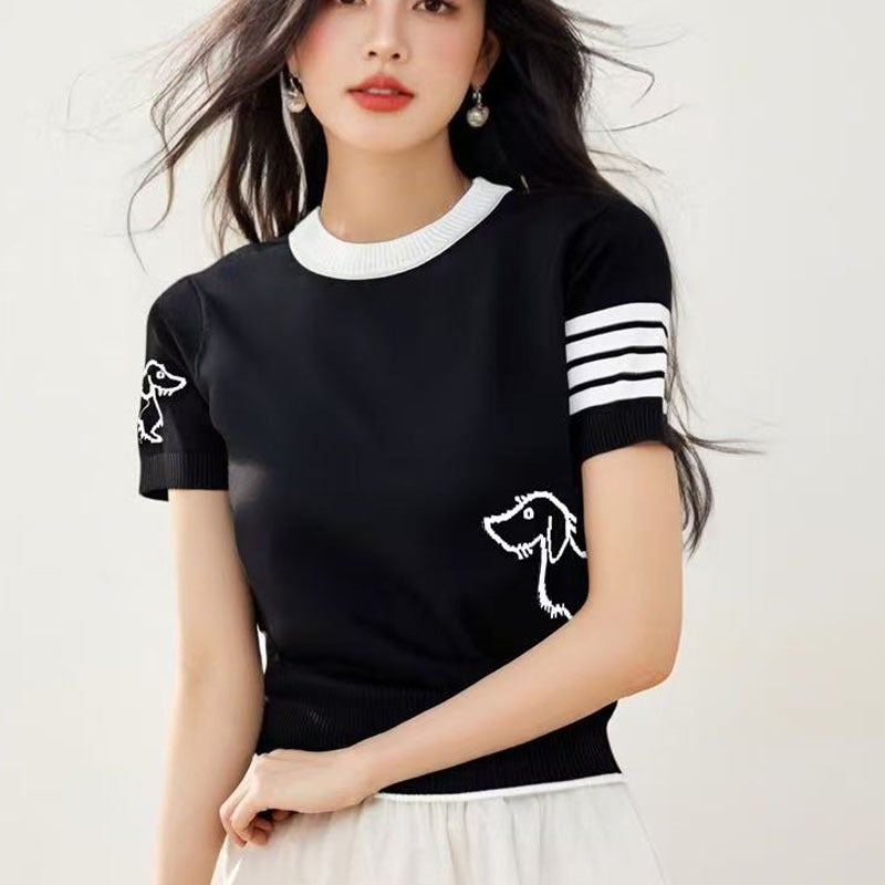 2025 Puppy Pattern Contrast Color Short-Sleeved Crewneck Pullover Ice Silk Loose All-Match Women'S Knitted Top T-Shirt - Image 4