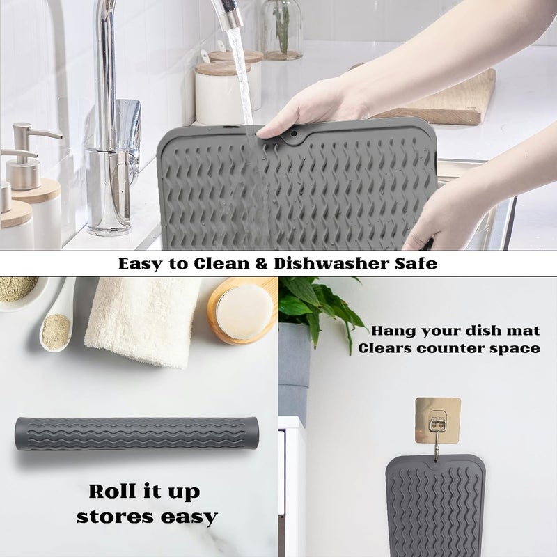 ZLR Silicone Dish Drying Mat for Kitchen Counter- Eco Friendly Food Grade Silicone Drying Mat - Easy to Clean Heat Resistant Dish Mat (Gray, L (12" x 16")) - Image 4