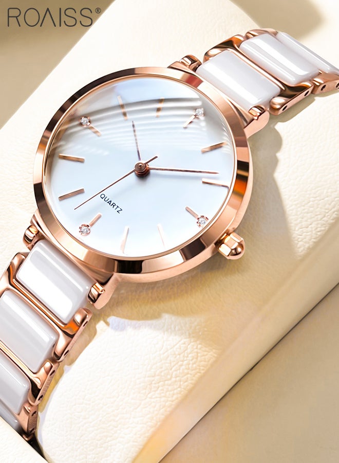 رويس ساعة كوارتز نسائية بسوار سيراميك، ساعة ذات قرص دائري أبيض مزين بالألماس، ساعة يد بسيط أنيق مقاومة للماء كهدية للسيدات - Image 2