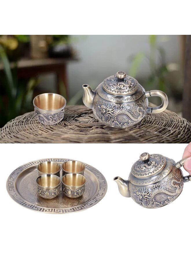 Tea Pot Cup Set, Portable Chinese Retro Dragon and Phoenix Metal Tea Set Gift, Including, Teacup, Tea Tray, for Outdoor Home Business - Image 2
