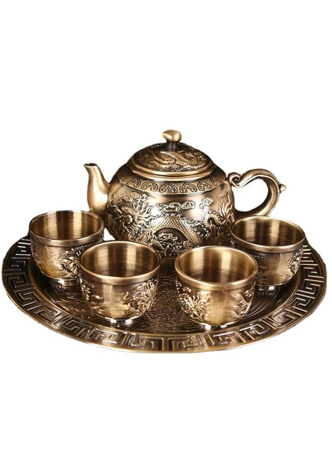 Tea Pot Cup Set, Portable Chinese Retro Dragon and Phoenix Metal Tea Set Gift, Including, Teacup, Tea Tray, for Outdoor Home Business - Image 1