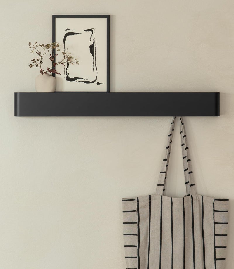 Kazai.Â® Coat Rack Wall Mount with Shelf 'Tone' | Modern Design Coat Hanger with Hidden Hooks and Storage | Hat Rack with Shelf in Metal | Wall-Mounted Purse Organizer | Black - Image 1