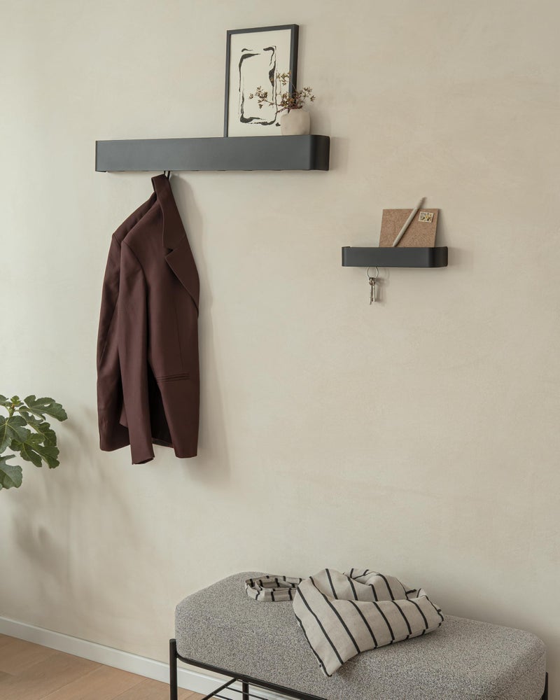 Kazai.Â® Coat Rack Wall Mount with Shelf 'Tone' | Modern Design Coat Hanger with Hidden Hooks and Storage | Hat Rack with Shelf in Metal | Wall-Mounted Purse Organizer | Black - Image 4