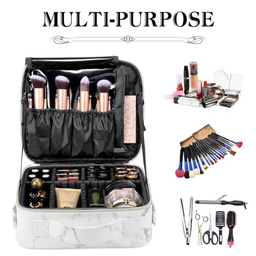 SHAMAX® Professional Cosmetic Bag Makeup Organizer Bag for Home & Travel, Vanity Box with Dividers for Brushes, Cosmetic Storage Bag for Women Customizable Compartments, 26x23x9 cm- White Marble - Image 3