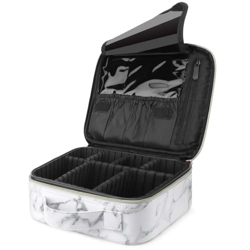SHAMAX® Professional Cosmetic Bag Makeup Organizer Bag for Home & Travel, Vanity Box with Dividers for Brushes, Cosmetic Storage Bag for Women Customizable Compartments, 26x23x9 cm- White Marble - Image 1
