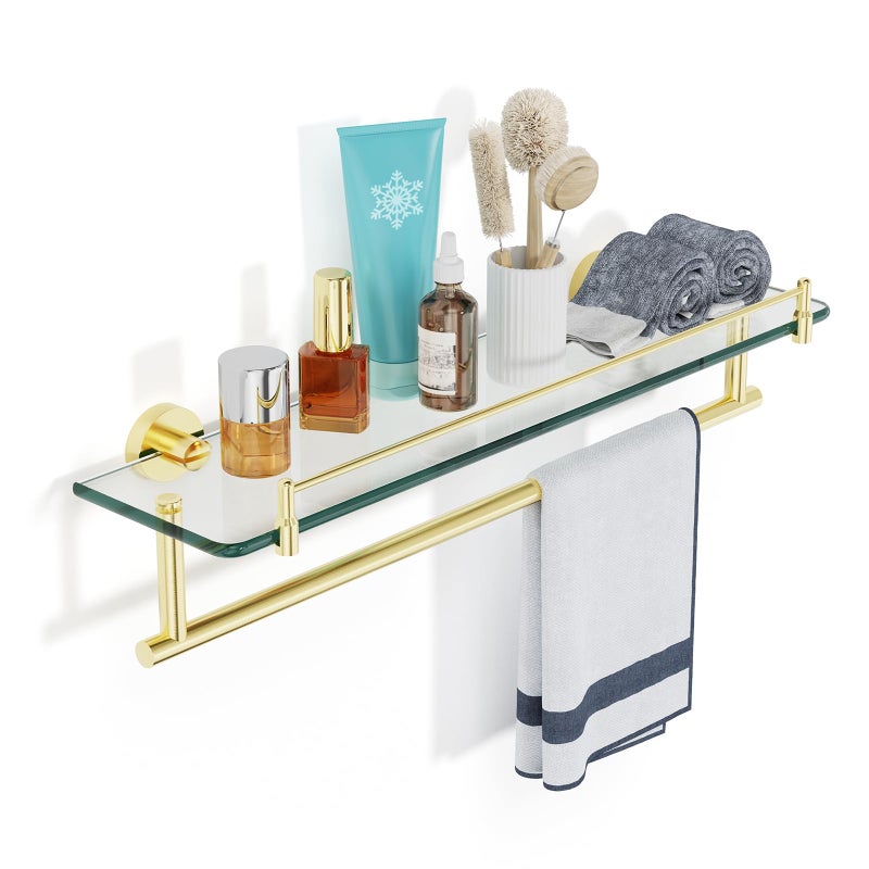 KOCOK Towel Rack with Tempered Glass Shelf for Bathroom 20 Inch Brushed Gold Floating Wall Mount Storage