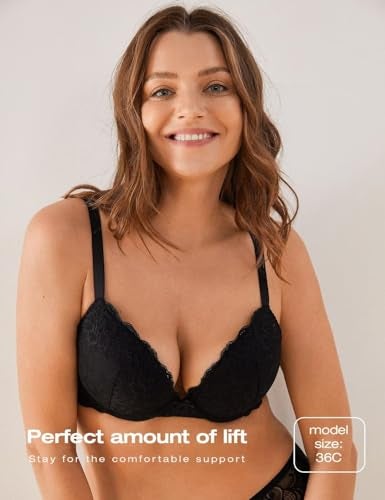 Deyllo Women’s Push Up Lace Bra Comfort Padded Underwire Bra Lift Up Add One Cup(Black,38C) - Image 4