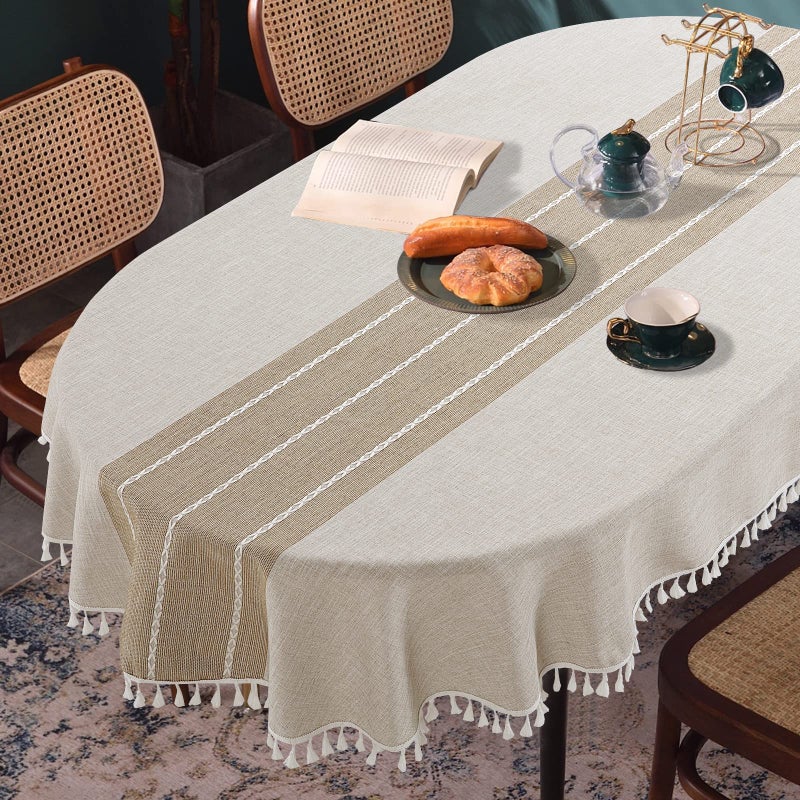 HOMBYS Solid Embroidery Oval Tablecloth with Tassels for Oval Table 60 x 102 Inch Lace DustProof Table Cover for Kitchen Dinning Wrinkle Free AntiFading Tabletop Decoration