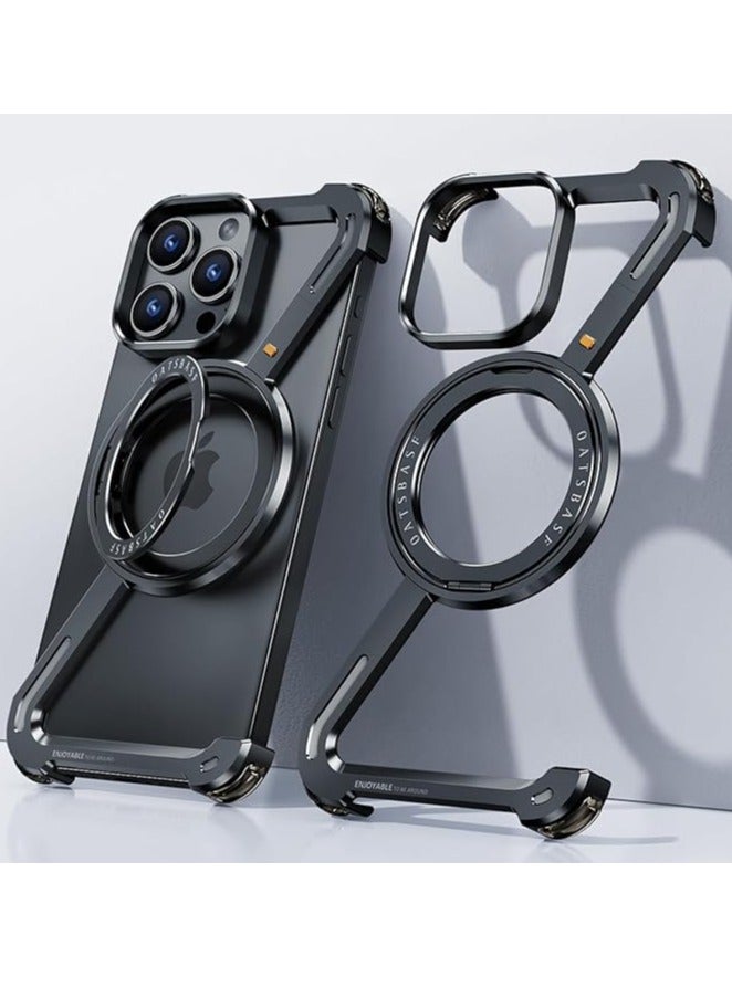 FOCUS New Metal Magsafe Stand case for iPhone 15 Pro Max Metal Armor Removable Z Type Rimless Metal Case  - Image 1