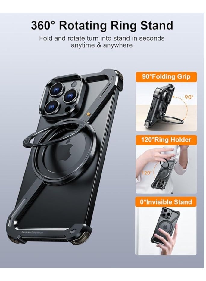 FOCUS New Metal Magsafe Stand case for iPhone 15 Pro Max Metal Armor Removable Z Type Rimless Metal Case  - Image 2