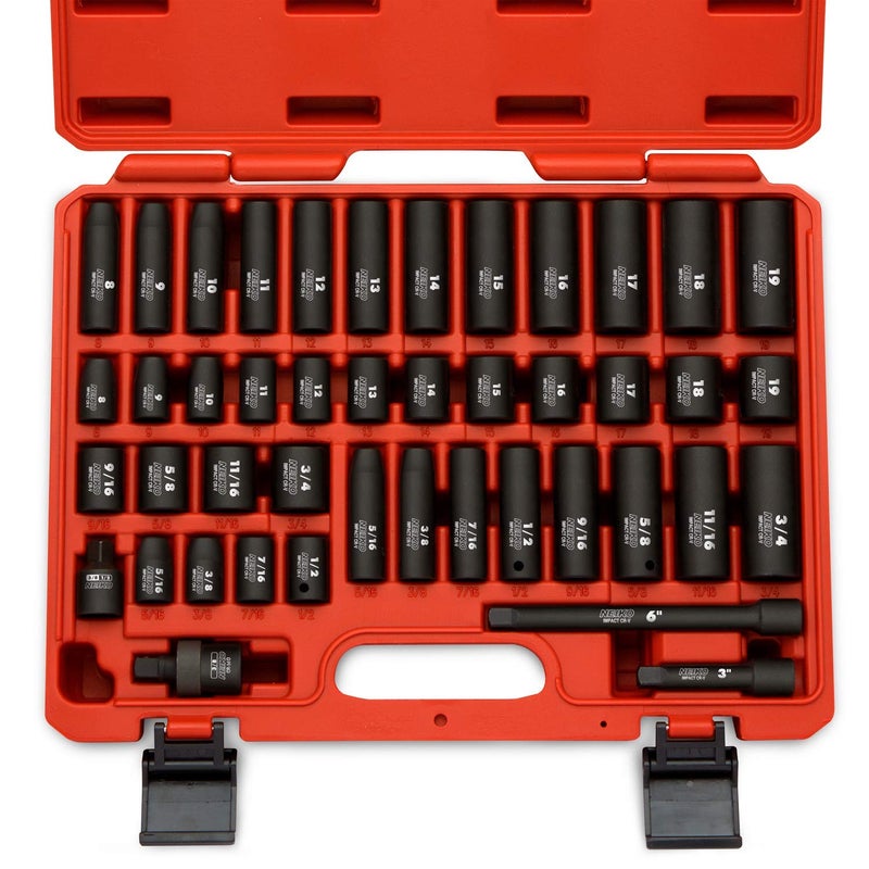 NEIKO 02440A 38InchDrive Impact Socket Set SAE Sizes 516 to 34 and Metric Sizes 8 mm to 19 mm Includes Extension Bars and UJoint 44 Pieces