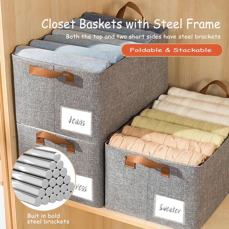 AARAINBOW Linen Closet Organizer Storage Bin with Steel Frame, Stackable Fabric Jeans Baskets for Shelves, 4 Packs Foldable Wardrobe Clothes Box for Sweater Pants Towel Shirt Storage, 23L Gray - Image 4