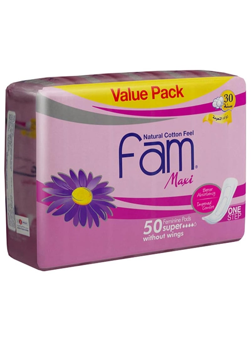 فام 50 قطعة من وسادات سوبر من القطن الطبيعي من OneStep - ماكسي سميكة ، بدون أجنحة!