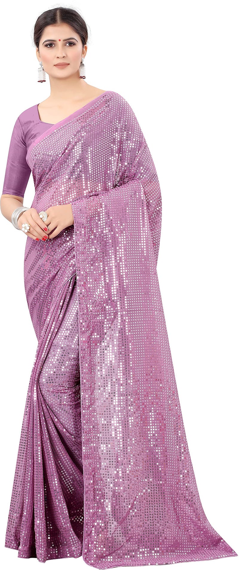 Florely Women's Sequins Pure Georgette Saree With Blouse Piece (Satari_Freesize_NOnion_Onion) - Image 4