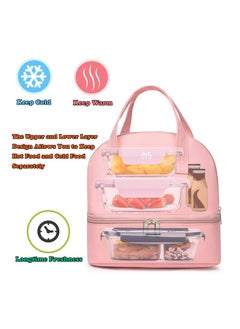 Generic Pink Insulated Lunch Bag Double Deck Simple Bento Cooler Bag Leakproof Lunch Tote Bag for Lunch Box for Women Men Adult Picnic Working Hiking Beach  - Image 2