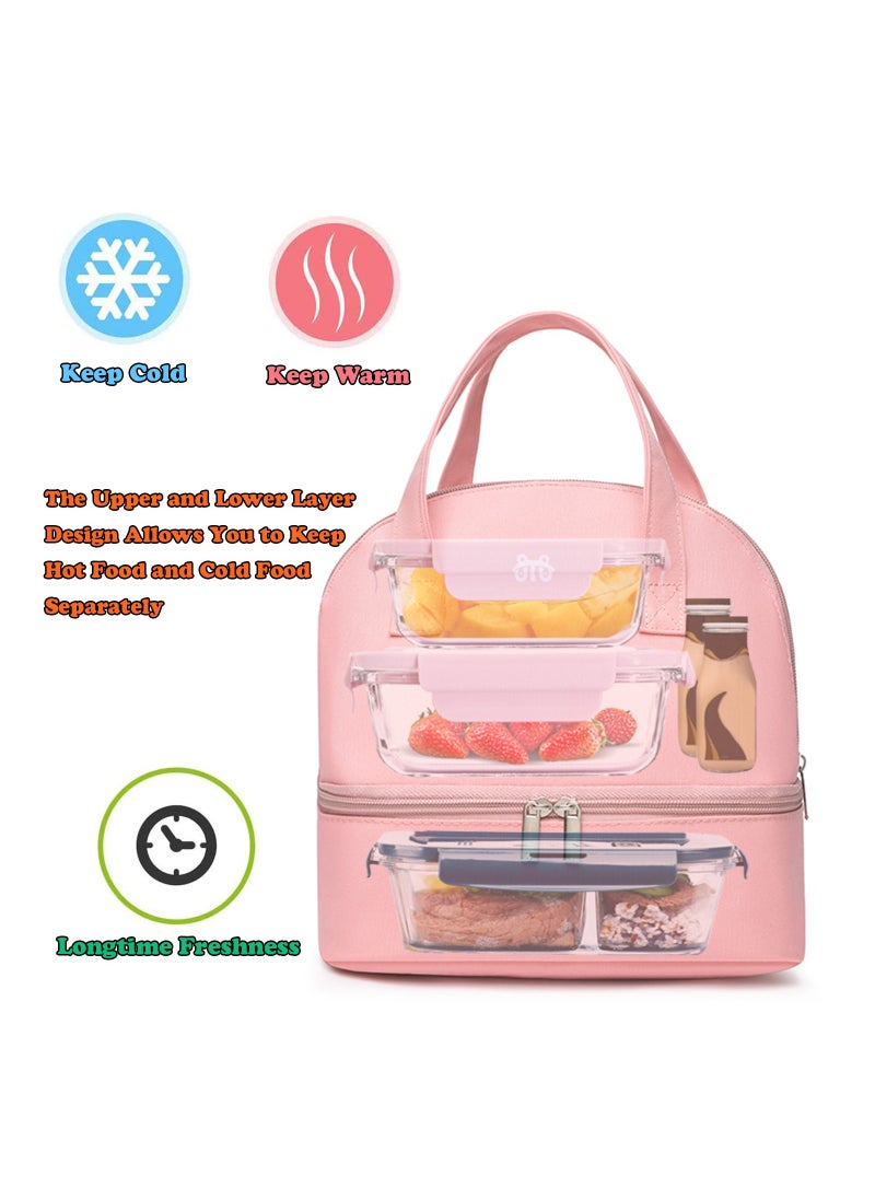 Generic Pink Insulated Lunch Bag Double Deck Simple Bento Cooler Bag Leakproof Lunch Tote Bag for Lunch Box for Women Men Adult Picnic Working Hiking Beach  - Image 2