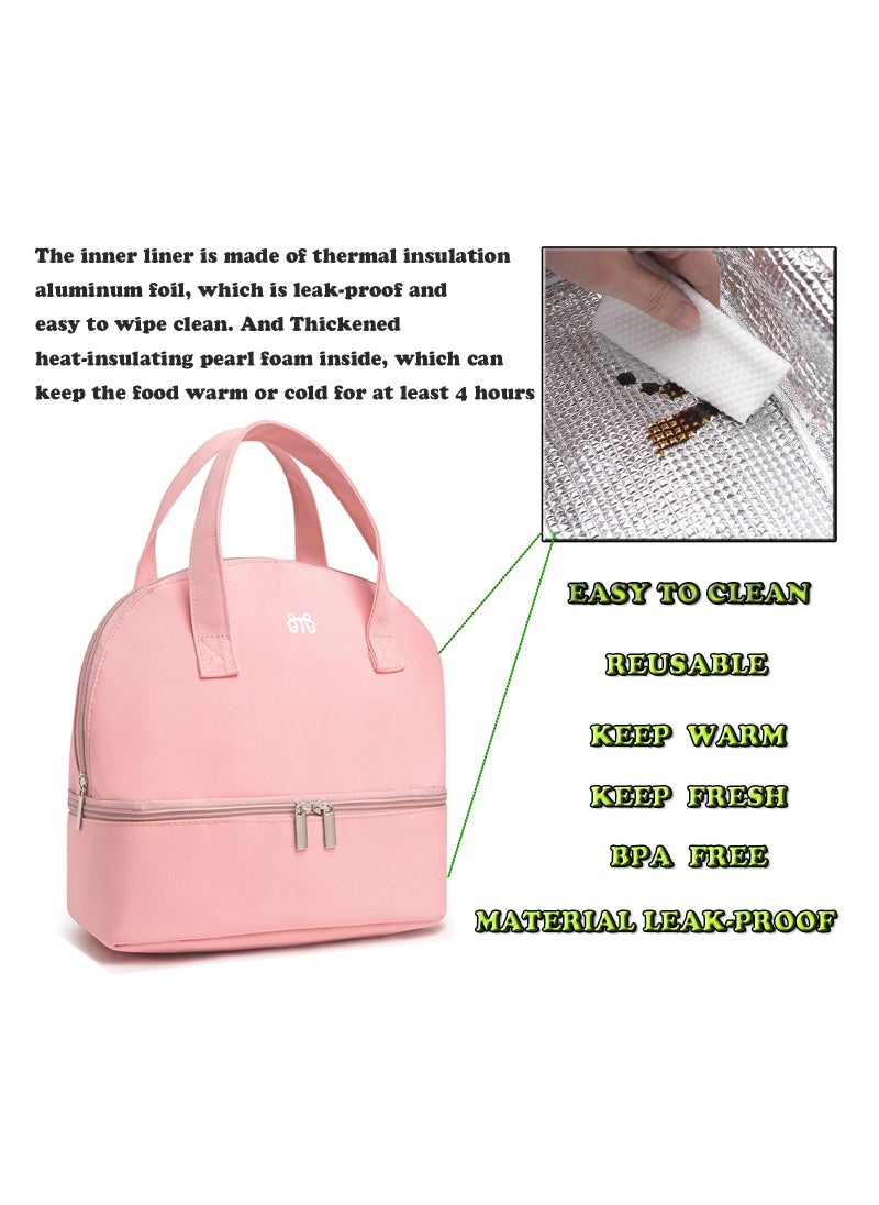 Generic Pink Insulated Lunch Bag Double Deck Simple Bento Cooler Bag Leakproof Lunch Tote Bag for Lunch Box for Women Men Adult Picnic Working Hiking Beach  - Image 3