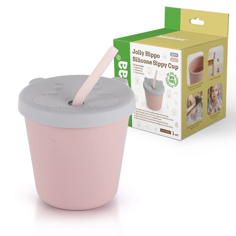 haakaa Jolly Hippo Baby Straw Cup, Food Grade Silicone Baby Training Sippy Cups for Infant 6+ months, BPA Free First Open Cup & Snack Container for Toddlers, 5oz (Blush) - Image 1