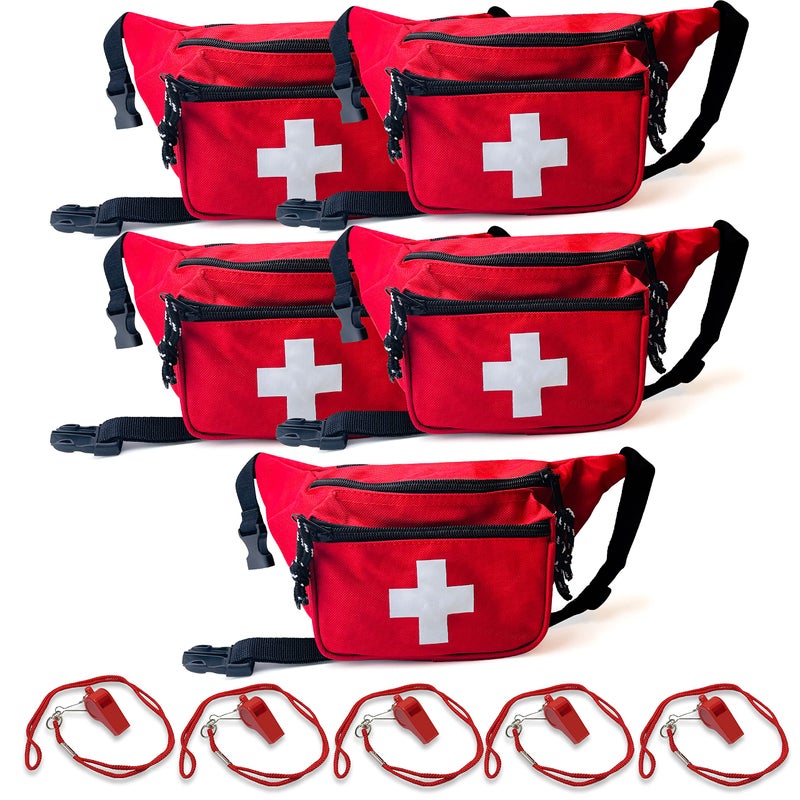 ASA TECHMED 5 Pack Lifeguard Fanny Pack With Whistle Lanyard - Baywatch Style First Aid Hip Pack w/Adjustable Strap, Cross Logo + Zipper Pouch, Emergency Equipment Set Red - Image 1
