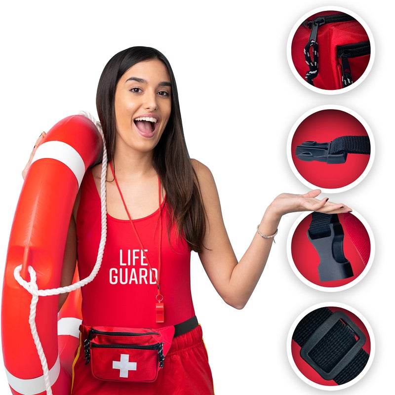 ASA TECHMED 5 Pack Lifeguard Fanny Pack With Whistle Lanyard - Baywatch Style First Aid Hip Pack w/Adjustable Strap, Cross Logo + Zipper Pouch, Emergency Equipment Set Red - Image 5