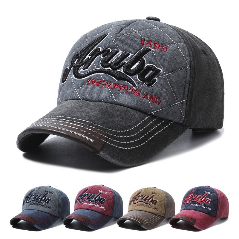 Washed Cotton Denim Baseball Cap with Vintage Embroidery - Image 1