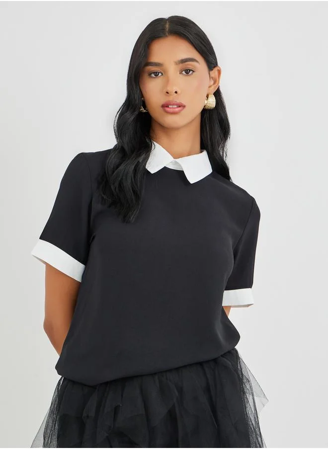 تايك تو Take Two Color Block Short Sleeve Blouse