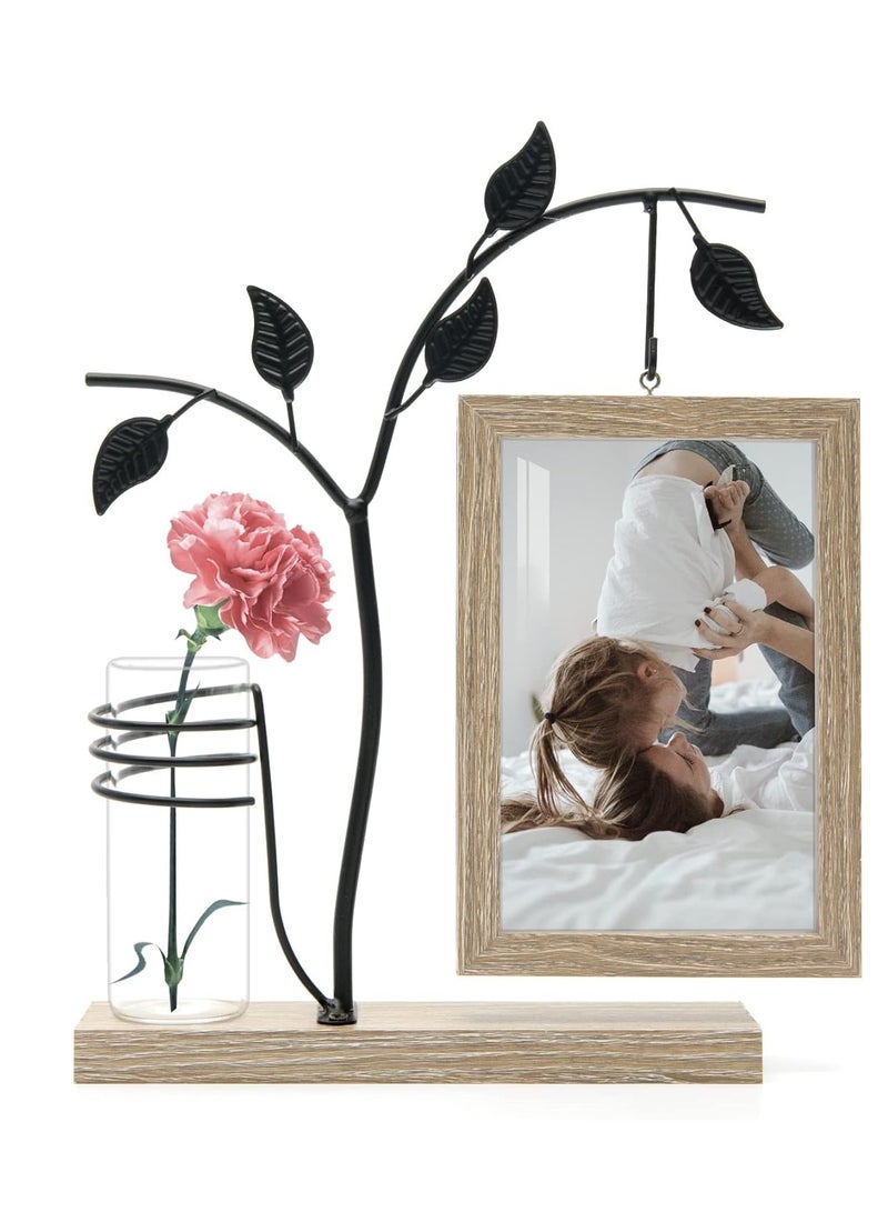 2-in-1 4x6 inch Rustic Picture Frame and Plant Terrarium with Wooden Stand for Desk Office Home Decor - Image 1