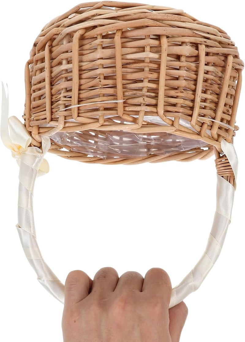 Wicker Flower Girl Basket Handwoven Willow Rattan Candy Basket with White Ribbon Bow Handle Medium Size for Wedding Party - Image 4