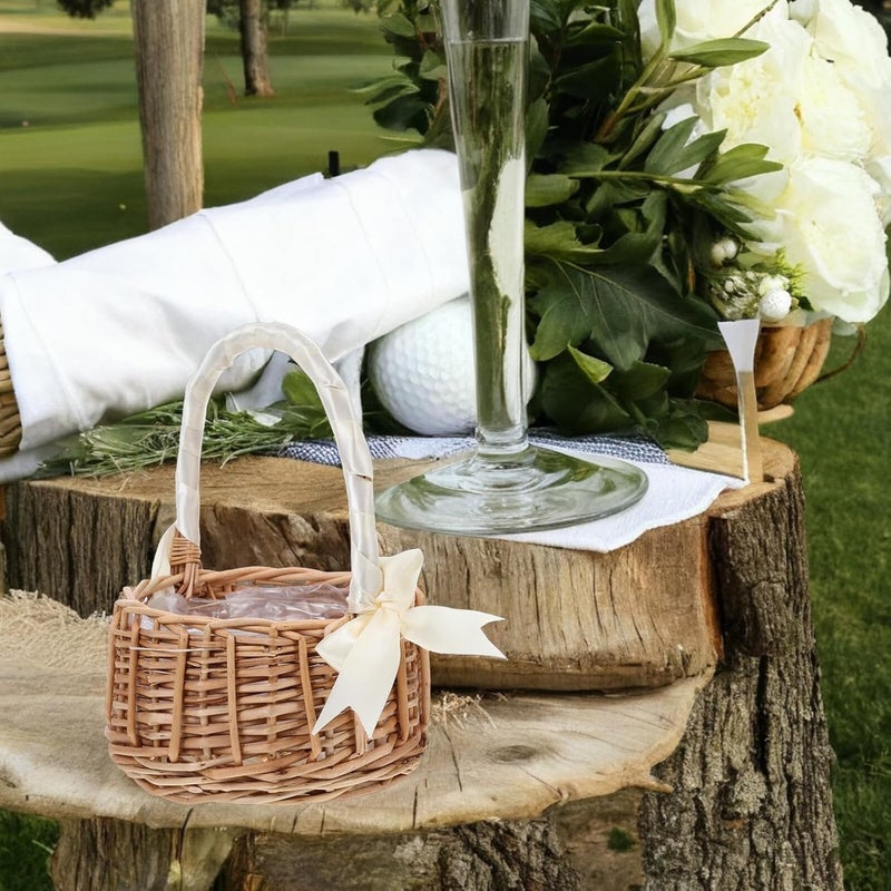 Wicker Flower Girl Basket Handwoven Willow Rattan Candy Basket with White Ribbon Bow Handle Medium Size for Wedding Party - Image 5