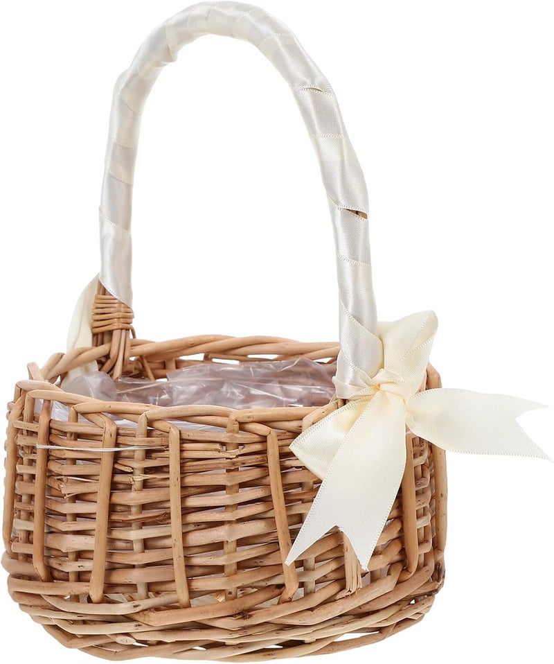 Wicker Flower Girl Basket Handwoven Willow Rattan Candy Basket with White Ribbon Bow Handle Medium Size for Wedding Party - Image 1