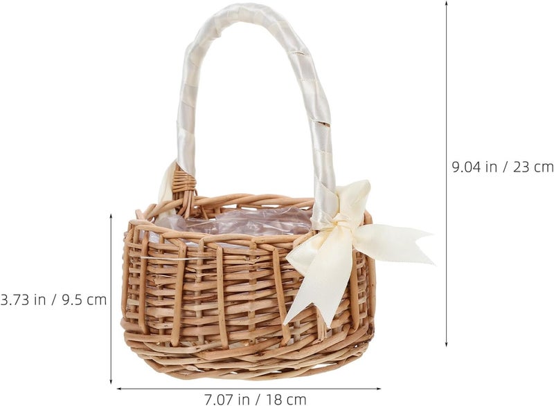 Wicker Flower Girl Basket Handwoven Willow Rattan Candy Basket with White Ribbon Bow Handle Medium Size for Wedding Party - Image 2